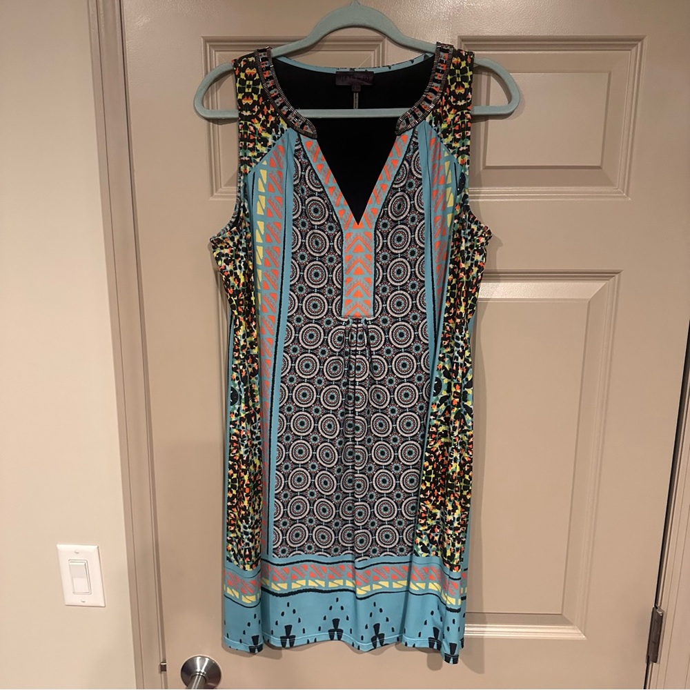 Hale Bob Beaded neckline Turquoise blue, Black,Yellow, Oran Geometric Mini Dress